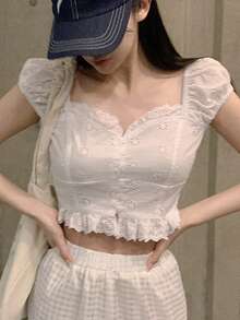 DAZY 女士刺绣褶皱休闲百搭日常衬衫 - 白色 - 查看 7