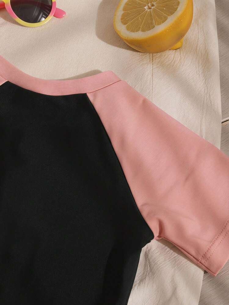 Toddler Girls' Colorblock Korean Style Short Sleeve Swimsuit