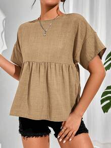SHEIN Essnce 女士休闲荷叶边下摆衬衫，夏季百搭日常穿搭 - 卡其色 - 查看 5