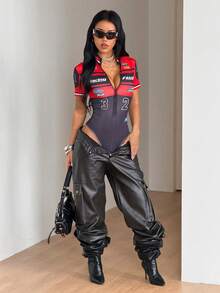 SHEIN ICON Stand Collar Zipper Motorcycle Print Bodysuit, Streetwear Short Sleeve For Summer - Multicolor - View 7