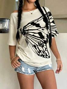 Glimmora Camiseta asimétrica de mujer con estampado de mariposa retro Y2K, estilo casual suelto de manga corta con estilo punk rock de moda - Multicolor - Ver 3