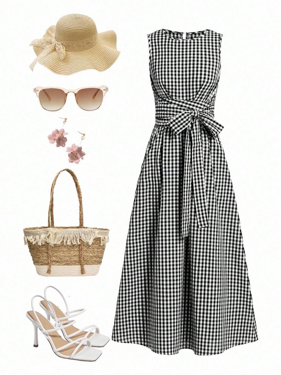 Ellevyn Women's Summer Vacation Picnic Plaid Round Neck Waist Tie Pocket Sleeveless Loose Casual Dress, Suitable For Various Occasions, Commute And Travel - Black and White - View 1