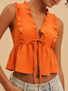 Travachic Women's Solid Color Pleated Tie Front Casual Boho Versatile Daily Wear Blouse Summer Holiday Outfits For Women Beach Orange Red - Orange - View 6