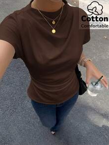 Firerie Wrinkled Collar Asymmetrical Sleeve Side Ruched Cinched Waist Commuter Apricot Bamboo Fiber Linen Blouse For Women, All Season,Summer Top - Brown - View 4