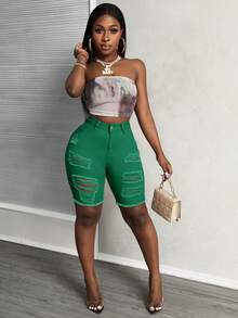Slaydiva Women's Solid Color Distressed Slim Fit Denim Shorts - Green - View 6