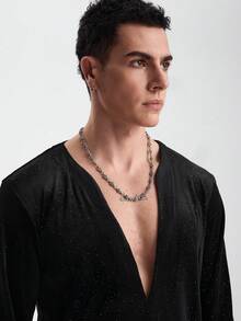 Zorclune 男士深V领长袖时尚天鹅绒植绒T恤亮片上衣男士水钻衬衫长袖男士闪亮衬衫圣诞节 - 黑色 - 查看 6