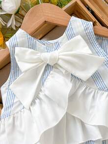 Cozy Pixies Baby Girl Blue & White Striped Ruffle Trim Bow Decor Casual Shirt And Loose Woven Wide Leg Pants Set - Multicolor - View 3