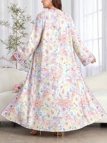 SHEIN Najma 花卉植物图案滚边大码女装连衣裙，优雅阿拉伯风格长袍，春夏时尚长袖开衫长款外套，花卉印花多色卡夫坦长袍 - 彩色 - 查看 2
