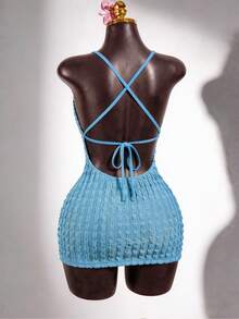 SaltGleam SaltGleam Vestido mini ajustado y con textura de unicolor y espalda descubierta para mujer - Azul - Ver 2