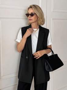 Vivie Lora Solid Color Loose Sleeveless Casual Vest, Summer Jacket For Middle-Aged Elderly Women Teachers' Day - Black - View 3