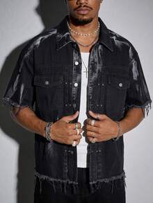 ROMWE MEN Street Life Atasan Denim Pria Modis dengan Hiasan Rumbai, Musim Panas - Hitam - View 3