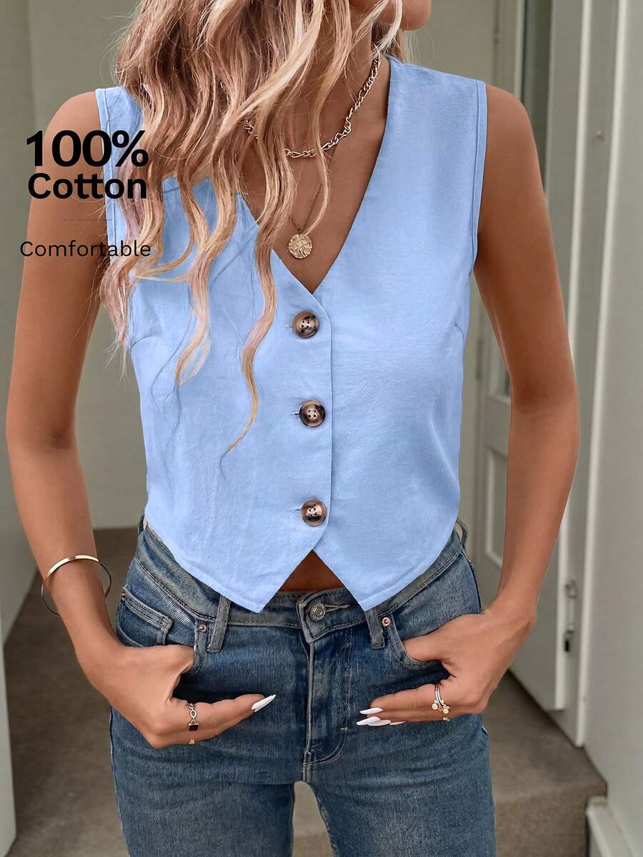 Easowa Áo vest nữ công sở màu trơn, cài một hàng khuy, kiểu dáng thường ngày. - Màu xanh lam - Xem 1