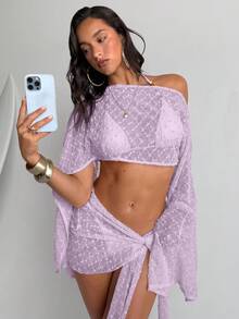 Aloruh Women's Summer Lavender Casual 2-Piece Set,Jacquard Shawl Top And Wrap Mini Skirt,Beach Holiday Vacation Swimwear Cover Ups Bathing Suits - Mauve Purple - View 7