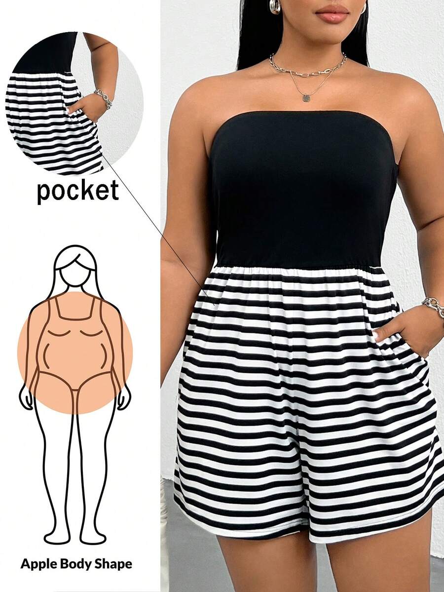 Shapeblank Romper Tanpa Tali 2-in-1 Bergaris Hitam Putih Ukuran Plus untuk Wanita Musim Panas, Elastis, Nyaman, dan Kasual untuk Pantai.
