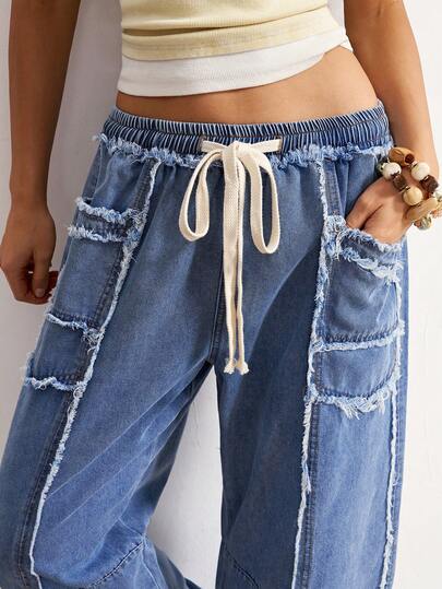 Bohemela Women's Drawstring Waist Frayed Pocket Loose Casual Denim Jeans
