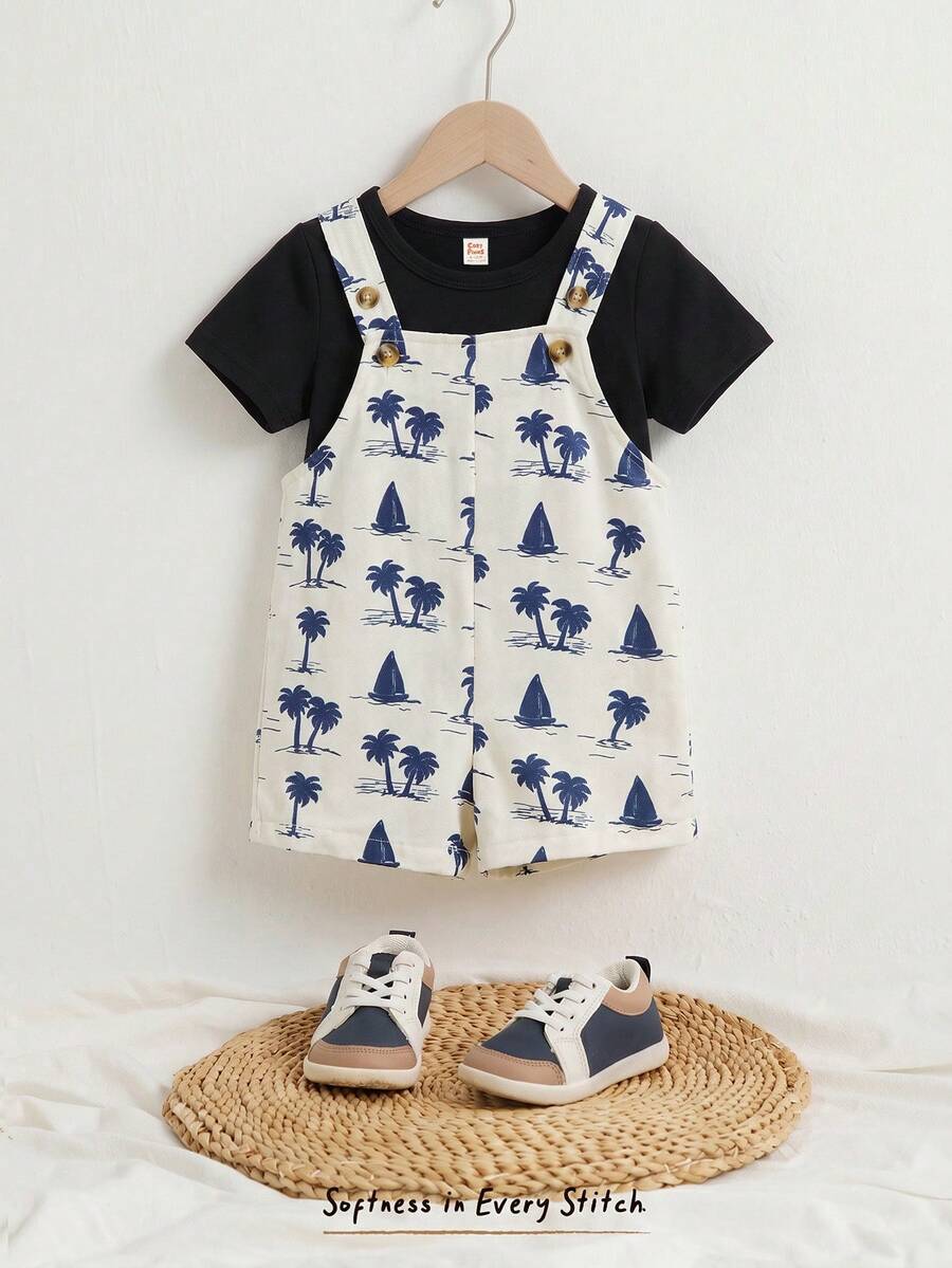 Cozy Pixies Baby Boy Solid Color Soft Knit Crew Neck Short Sleeve Top And Coconut Tree Pattern Bib Shorts 2-Piece Set - Blue - View 1