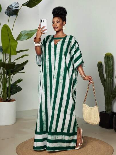 Maweii Women's Casual, Minimalist, Comfortable, Retro, Fresh, Natural Dress Suitable For Vacation & Leisure Wear, Deep V-Neck, Sleeveless, Green Striped, Slit Hem, Loose, Slimming, Cocoon Silhouette, Plus Size