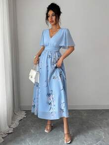 Balvessa Women's Elegant Floral Print V-Neck Short Sleeve Dress, Suitable For Summer Vacation - Baby Blue - View 5