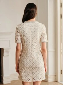 Anewsta Summer French Romantic Elegant High-End Lady-Like Handmade Pearl Embellished Dress Tea Party White Sequin - Apricot - View 2