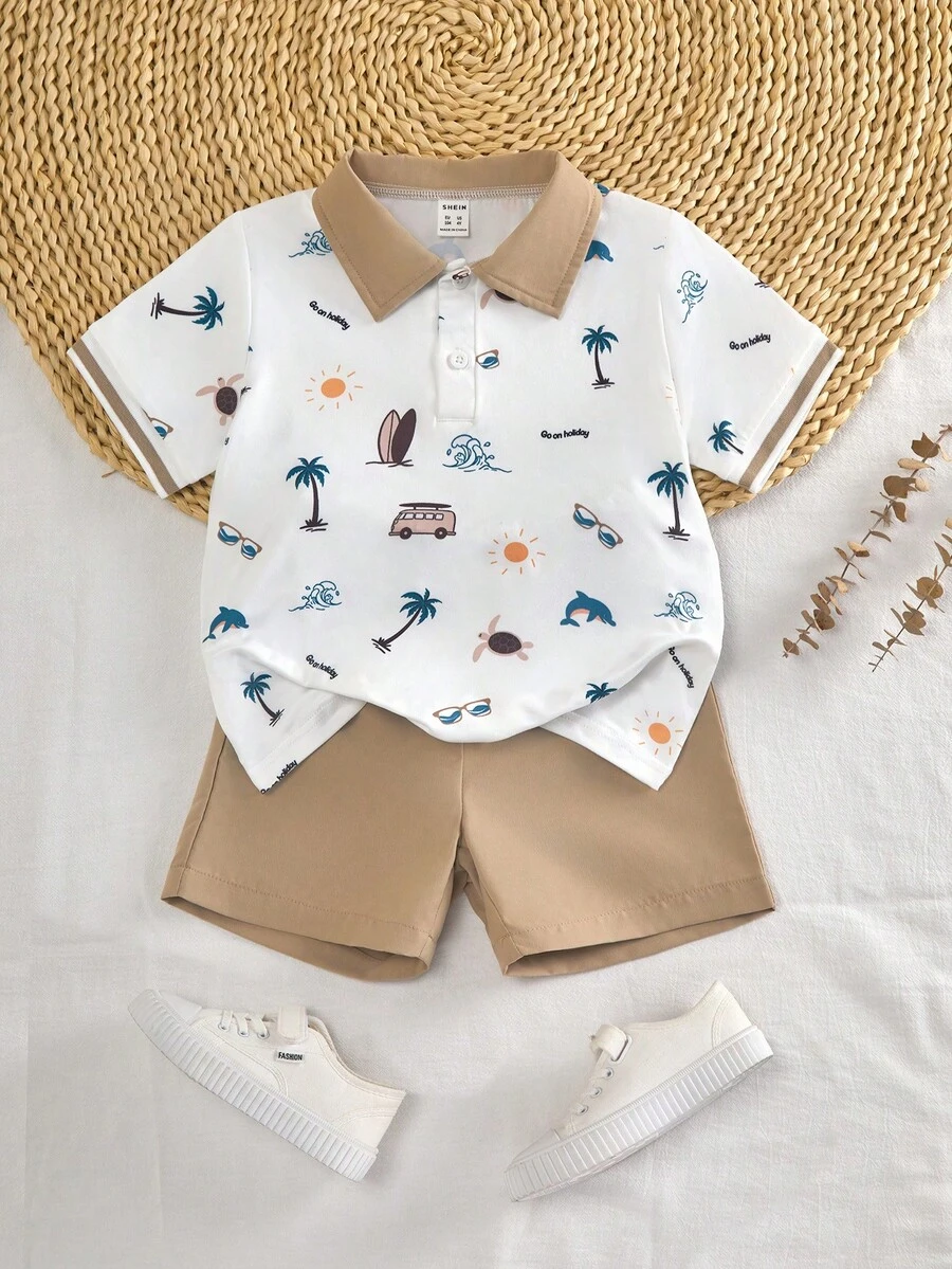 Souflis Souflis 男童休闲学院风 Polo 领 T 恤套装,夏季 - 卡其色 - 查看 1