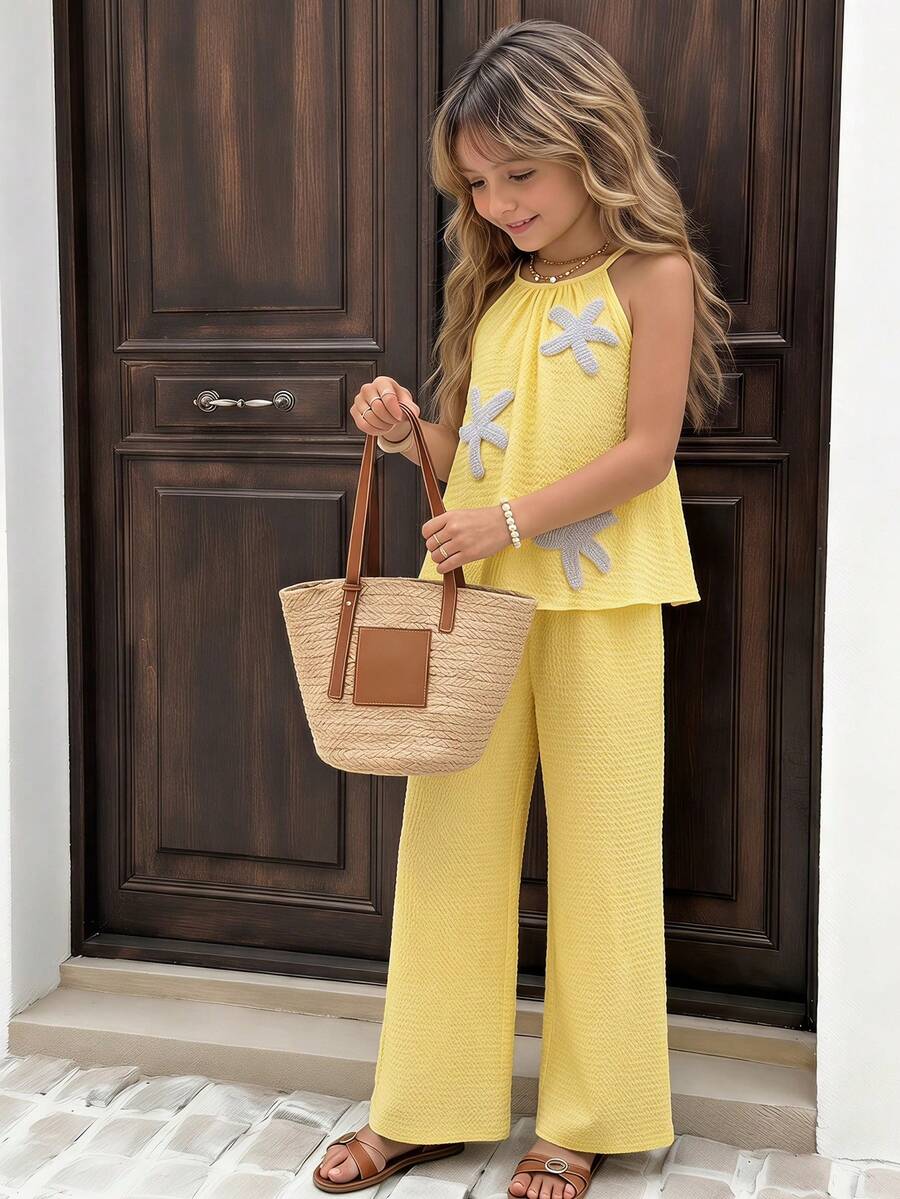 SHEIN Sparklyn Girls Fashionable Yellow 2 Pieces Set,Funny Backless Button Design Camisole & Relaxed Straight Leg Pants,Woven Fabric Summer Vacation Holiday Outfit - Yellow - View 1