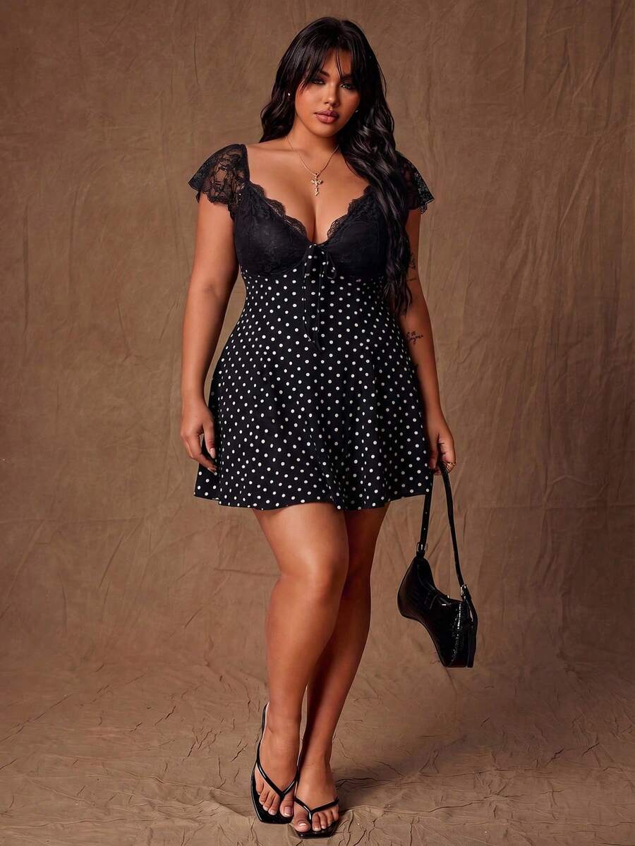 Vibekara Elegant Sexy Lace Polka Dot Fitted A-Line Cute Retro Ruffle Sleeve Knee-Length Plus Size Women Dress - Black - View 1
