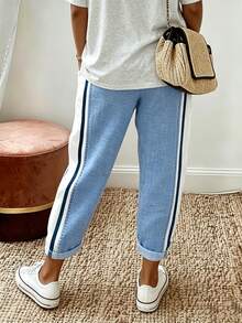 EMERY ROSE Pantalones de mujer con cintura ajustable y parches de colores contrastantes - Azul y blanco - Ver 2
