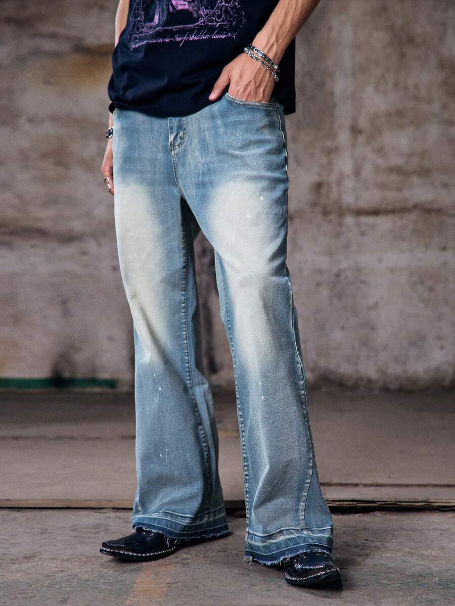 Skyrend Pantalones vaqueros casuales de negocios ligeros con dobladillo desgastado y lavado para hombres, pantalones casuales versátiles de pierna recta y delgada, aptos para todas las estaciones, con cierre de botones, estilo relajado de calle - verde menta - Ver 1