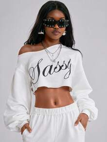 Vadaroq Women's Black And White Autumn Streetwear Everyday Graphics Off Shoulder Long Sleeve T-Shirt,Casual Music Festival Rave Over Size Cropped Top - White - View 1
