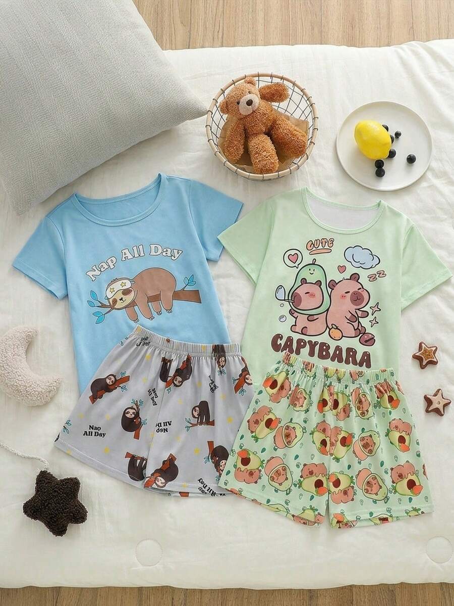 2件組青少年女孩睡衣套裝,夏季淡藍色可愛卡通考拉動物印花居家休閒服,短袖圓領針織家居服套裝 - 藍白色 - 查看 1