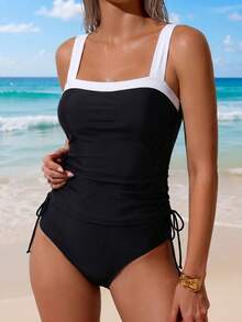 Swim Lushoire Bộ bikini tankini cổ điển dành cho nữ, màu đen trắng tương phản, dây đeo bản rộng, dây rút bên hông, có nếp nhăn, ôm bụng, thích hợp cho kỳ nghỉ biển. - Đen và trắng - Xem 1