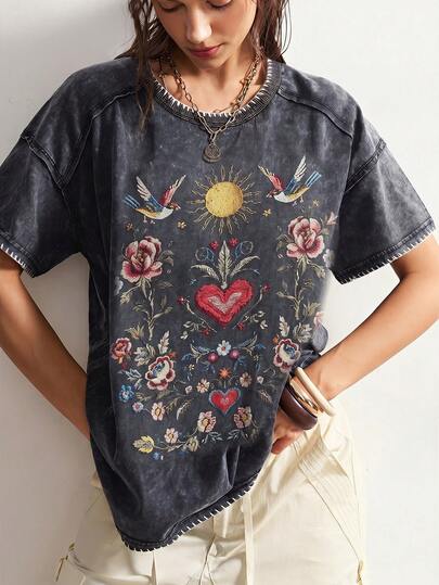 Bohemela Plus Size Women Floral & Bird Print Round Neck Casual Everyday Short Sleeve T-Shirt