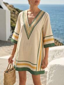 SHEIN Holidaya Đầm nữ kẻ sọc cổ chữ V không tay dáng rộng thoải mái - Nhiều màu - Xem 4