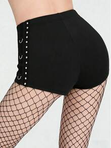 Breakform Women's Gothic Goth Laced Elastic Waist Low-Rise Black Super Shorts With Metal D-Ring Rivet Webbing,Fishnet Mesh Tights For Night Out Summer Rave - Black - View 2