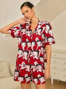 Betty Boop x SHEIN 女士单排扣短袖上衣和休闲短裤睡衣套装 - 紅色 - 查看 3