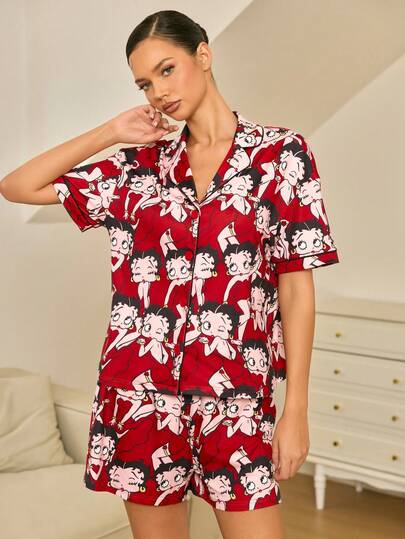 Betty Boop x SHEIN סט פיג'מה עם חזה יחיד ושרוולים קצרים לנשים