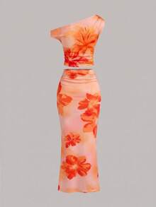 TEENGIRL Blue Casual Floral Pattern Asymmetric Ruched Fitted Two Pieces Skirt Set, Suitable For Summer & Vacation - Multicolor - View 2