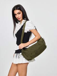 ROMWE Fairycore 1pc Nylon Fabric Multi-Pocket Dumpling Crossbody Bag, Women Casual Pleated Drawstring Shoulder Bag, Slouchy Bohemian Hobo Bag , Bohemian Outfit For Women , Green - Army Green - View 5