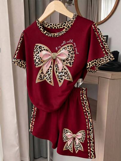 Vintage Cute Leopard Print Bow Pattern, Young Girl Casual Minimalist Short Sleeve T-Shirt And Shorts Set