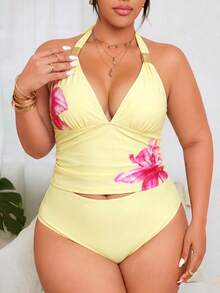 Swim Lushoire Set Bikini Seksi Tanpa Punggung Motif Leopard Leher Halter untuk Wanita Ukuran Besar, Pakaian Renang Dua Potong - Kuning muda - View 3