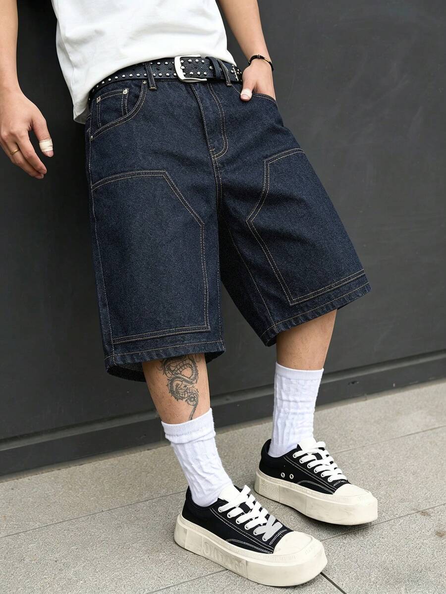Manfinity Homme Casual Washed Dark Blue Relaxed Fit Knee-Length Denim Shorts, Spring/Summer - Blue - View 1