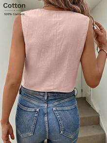 SHEIN LUNE 女士纯色V领单排扣休闲百搭日常衬衫 - 粉色 - 查看 3
