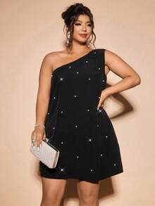 SHEIN CURVE+ Plus Size Women Asymmetrical Shoulder Pearl Decor Elegant Dress - Black - View 4