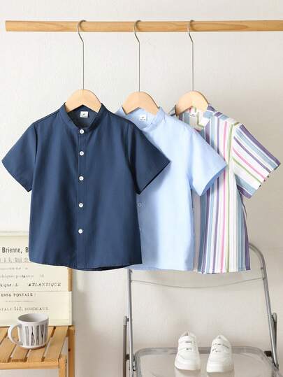 SHEIN 儿童三件套/套装 男童休闲学院风纯色立领亚麻短袖衬衫，春夏儿童纯色衬衫 儿童夏季上衣