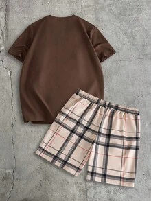 AXEPEAK Men's Casual Bear Print T-Shirt And Plaid Shorts Set - Coffee Brown - View 6