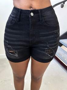 Alexandranx Rách Thon gọn Quần short Denim - màu đen - Xem 4
