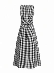 Vestido casual de verano para vacaciones y picnic con cuello redondo, cintura con lazo, bolsillo y sin mangas, holgado y informal, adecuado para varias ocasiones, uso casual y viajes - Blanco y Negro - Ver 7