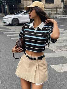 Coolane 女款春季街頭時尚休閒學院風復古返校老錢風彈性舒適酒紅與藍色條紋短版 Polo 衫 - 彩色 - 查看 4