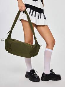 ROMWE Fairycore 1pc Nylon Fabric Multi-Pocket Dumpling Crossbody Bag, Women Casual Pleated Drawstring Shoulder Bag, Slouchy Bohemian Hobo Bag , Bohemian Outfit For Women , Green - Army Green - View 4