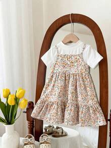 Bộ váy hai dây họa tiết hoa nhí dễ thương cho bé gái mùa hè và áo len. - Màu Hồng baby - Xem 2